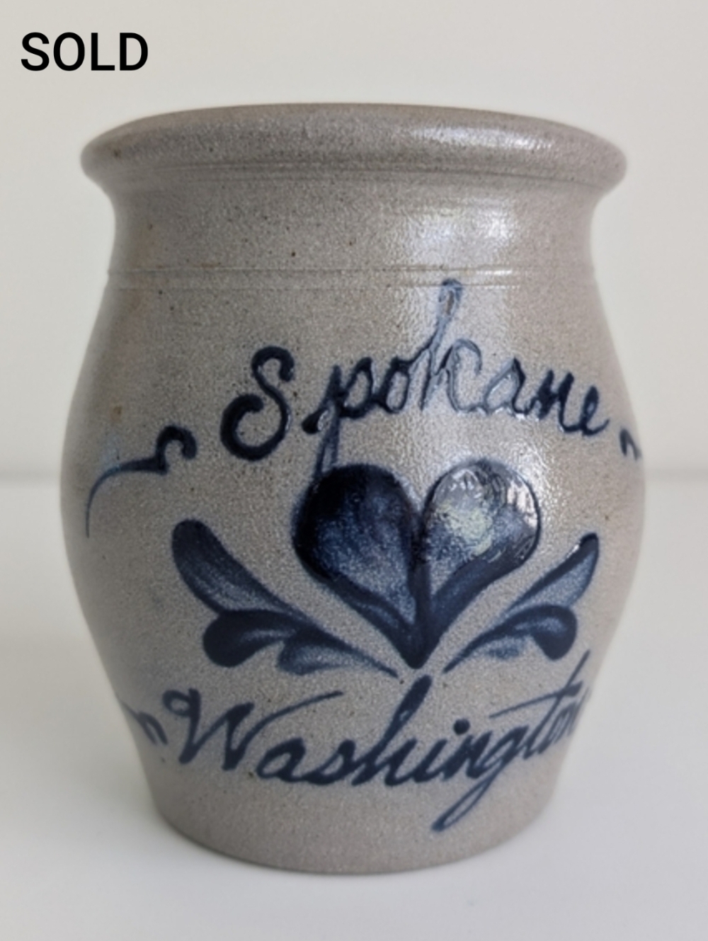 Rowe Pottery Works Vintage Spokane WA Heart Crock  5" Salt Glaze Blue Washington